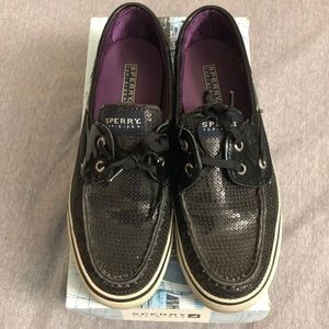 Gently Used Black Sequin Sperry Shoes Woman’s 7.5